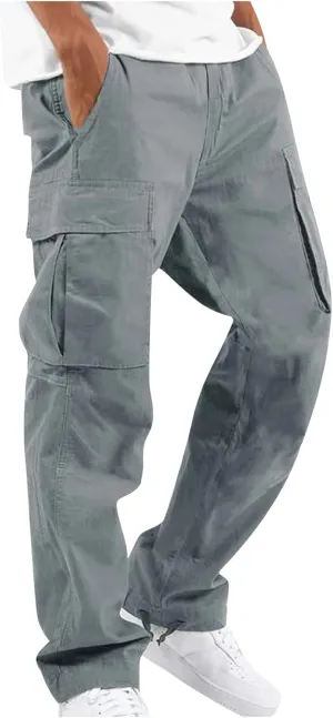 Mens Cargo Pants Drawstring Loose Straight Pants Hiking Outdoor Work Pants Casual Multi Pocket Lightweight Pants