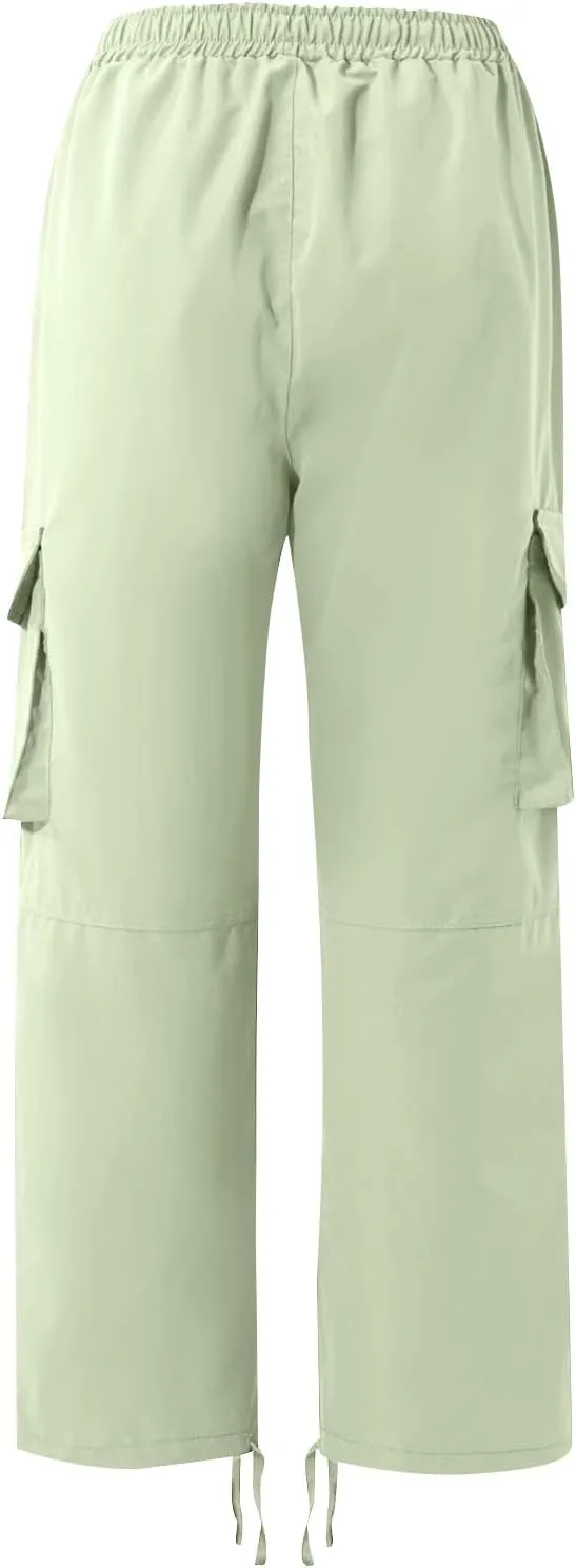 Mens Cargo Pants Drawstring Loose Straight Pants Hiking Outdoor Work Pants Casual Multi Pocket Lightweight Pants