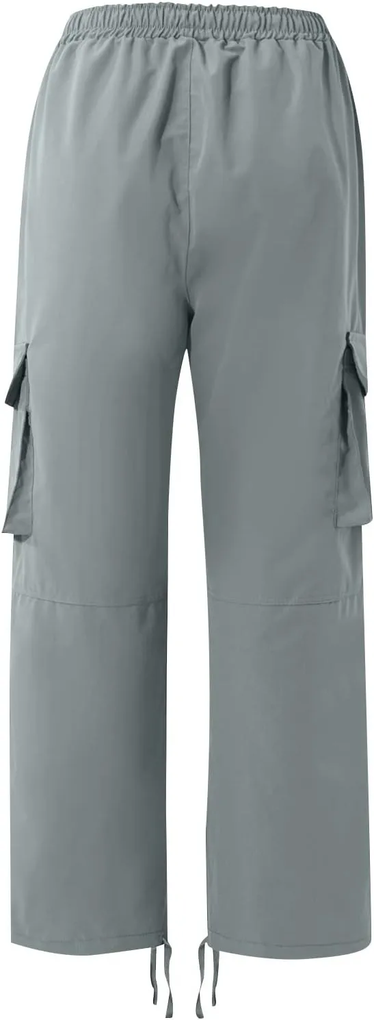 Mens Cargo Pants Drawstring Loose Straight Pants Hiking Outdoor Work Pants Casual Multi Pocket Lightweight Pants