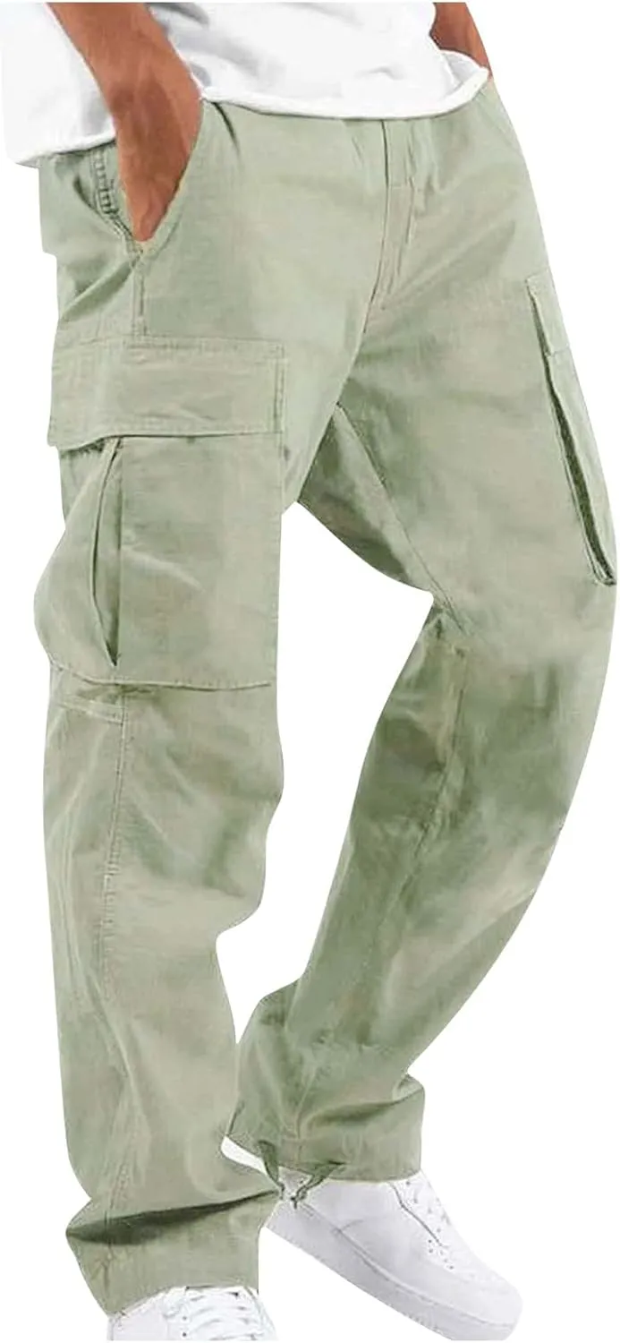 Mens Cargo Pants Drawstring Loose Straight Pants Hiking Outdoor Work Pants Casual Multi Pocket Lightweight Pants