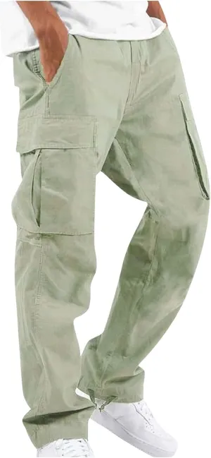 Mens Cargo Pants Drawstring Loose Straight Pants Hiking Outdoor Work Pants Casual Multi Pocket Lightweight Pants