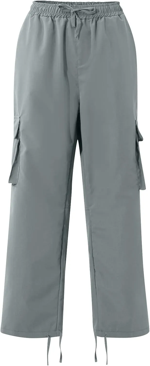 Mens Cargo Pants Drawstring Loose Straight Pants Hiking Outdoor Work Pants Casual Multi Pocket Lightweight Pants