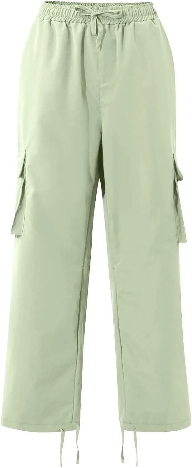 Mens Cargo Pants Drawstring Loose Straight Pants Hiking Outdoor Work Pants Casual Multi Pocket Lightweight Pants