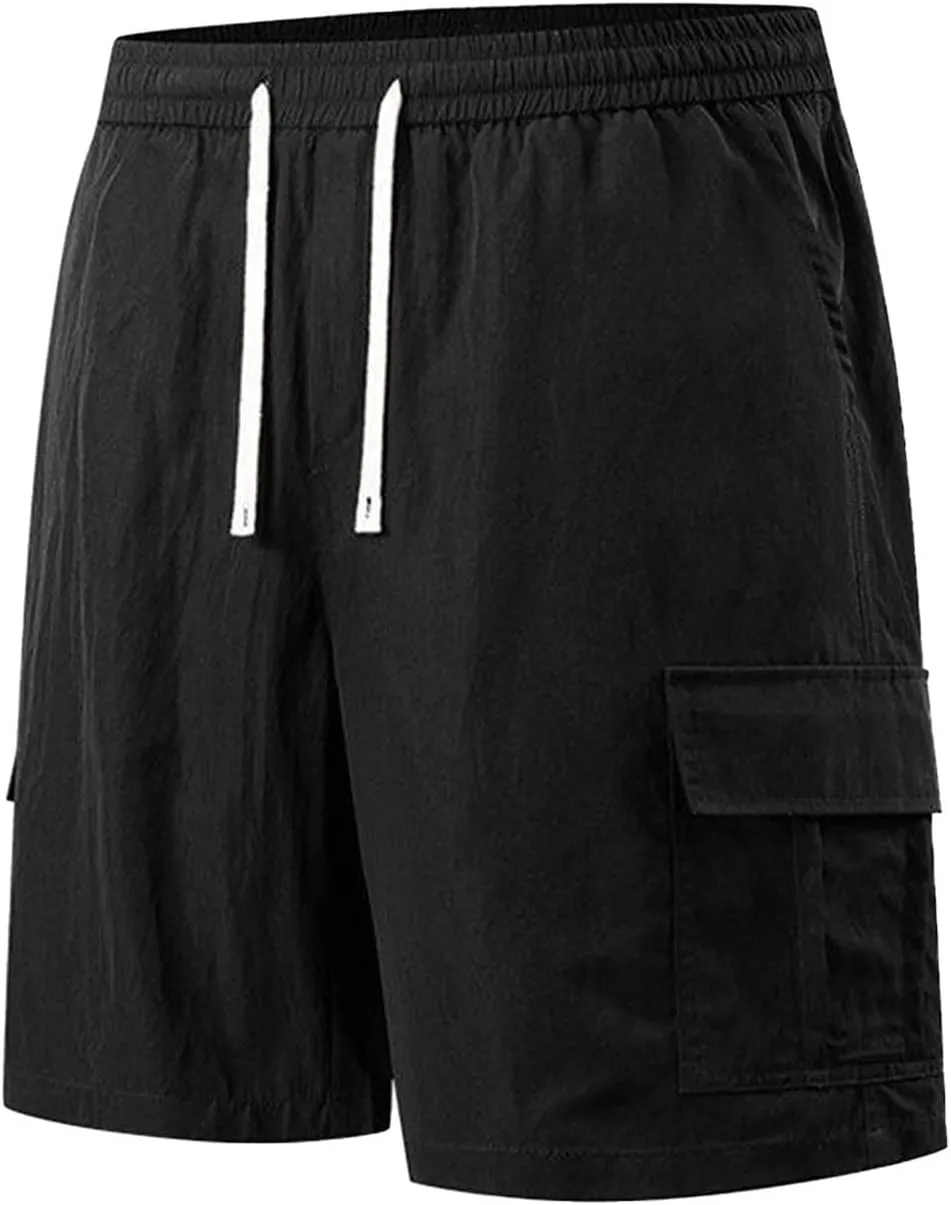 Mens Cargo Shorts Quick Dry with Pockets Athletic Workout Running Gym Activewear Drawstring Elastic Hiking Trunks