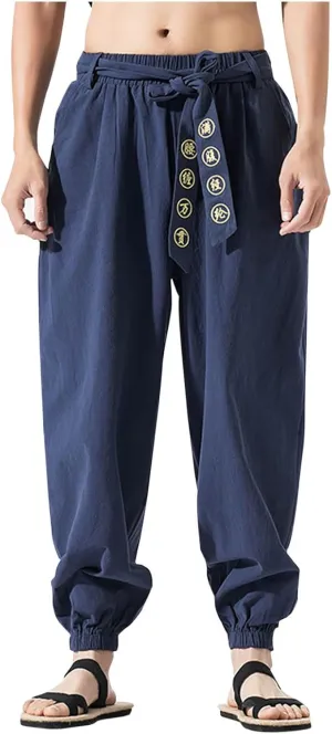 Men's Casual Pants Linen Pants Summer Beach Trousers Drawstring Yoga Pants Loose Fit Elastic Waist Pants