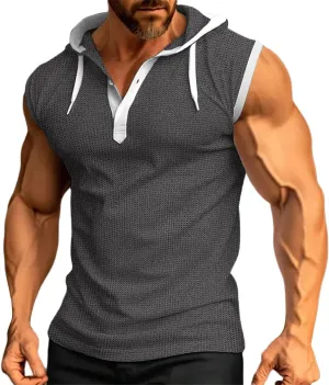 Men's Compression Shirts Trendy V Neck Hooded Pullover Tops Sleeveless Slim Fit Sweatshirt Bodybuilding Gym Tee Solid