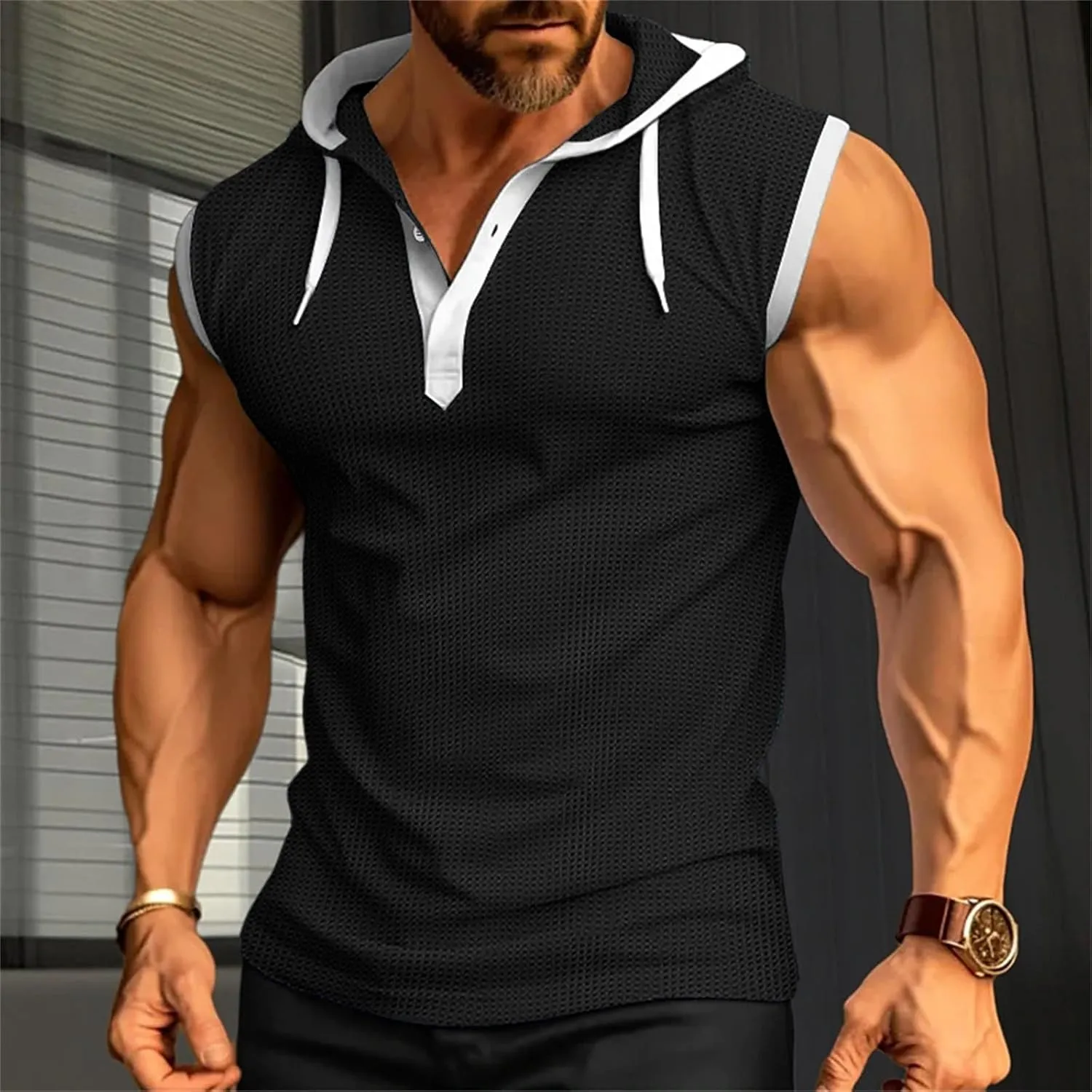 Men's Compression Shirts Trendy V Neck Hooded Pullover Tops Sleeveless Slim Fit Sweatshirt Bodybuilding Gym Tee Solid