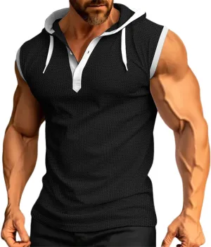 Men's Compression Shirts Trendy V Neck Hooded Pullover Tops Sleeveless Slim Fit Sweatshirt Bodybuilding Gym Tee Solid
