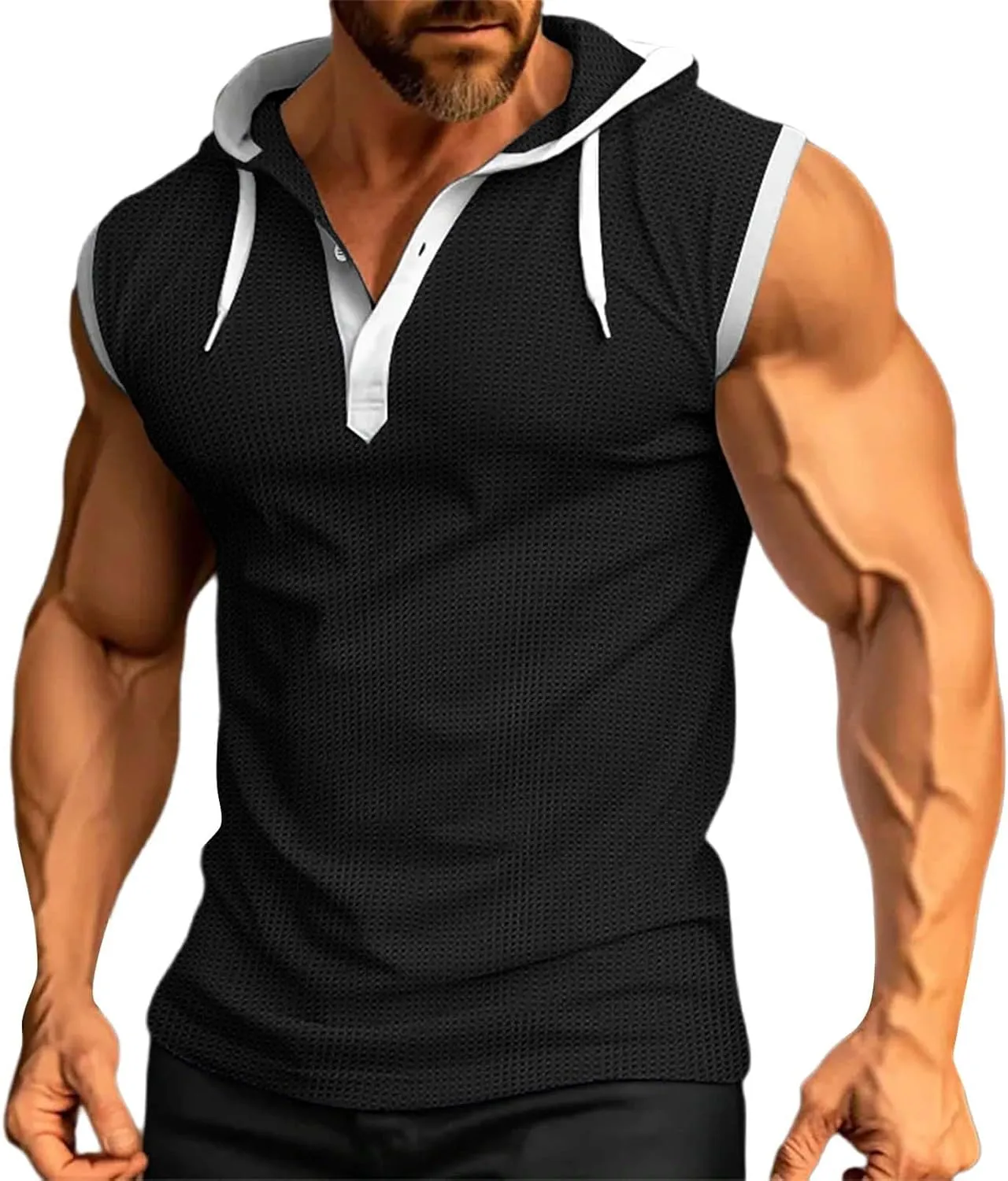 Men's Compression Shirts Trendy V Neck Hooded Pullover Tops Sleeveless Slim Fit Sweatshirt Bodybuilding Gym Tee Solid