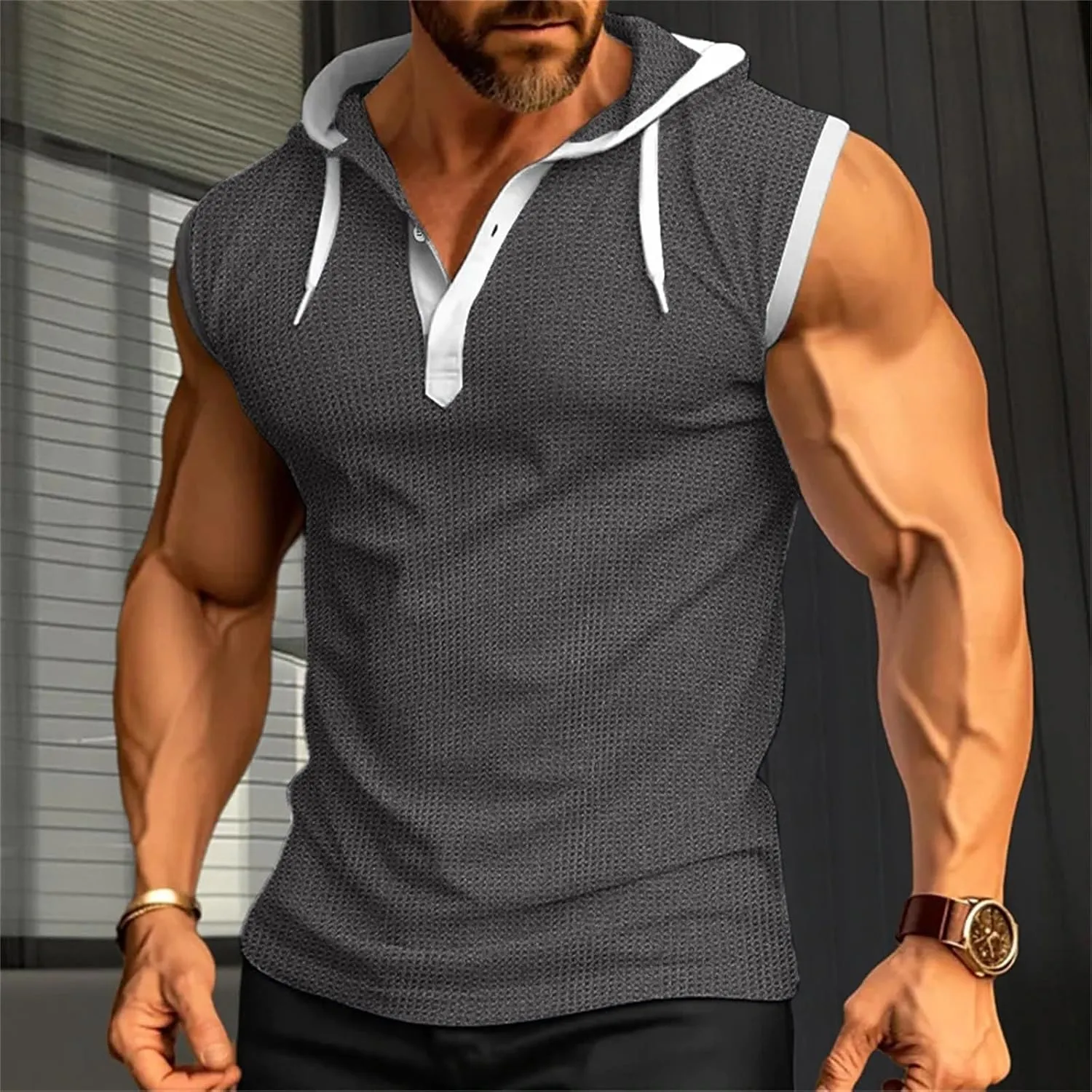 Men's Compression Shirts Trendy V Neck Hooded Pullover Tops Sleeveless Slim Fit Sweatshirt Bodybuilding Gym Tee Solid