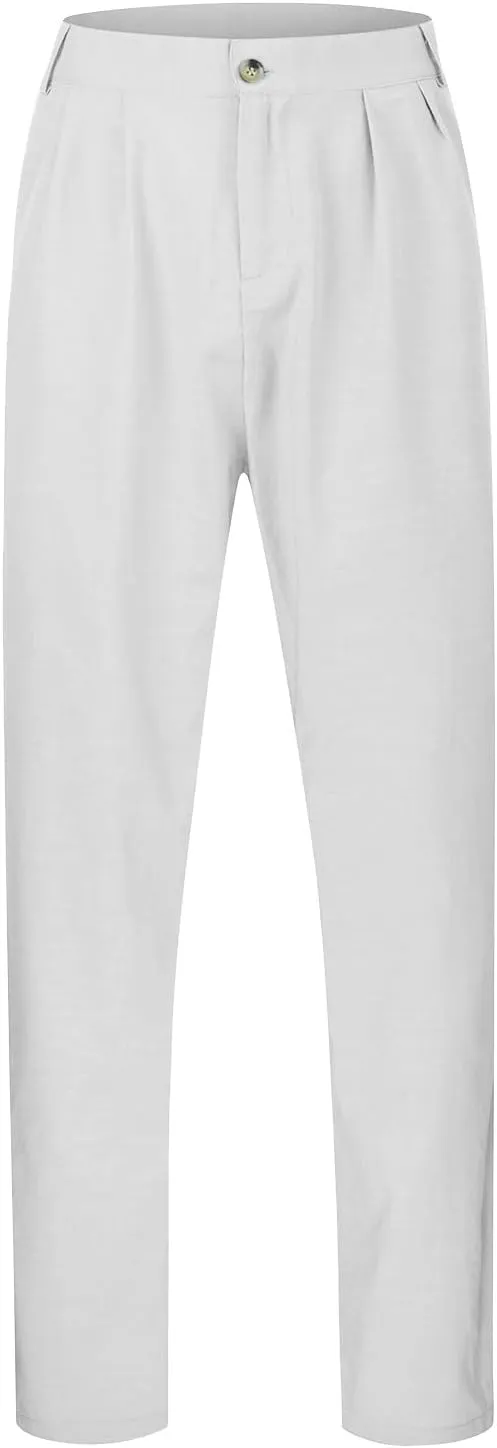 Mens Cotton Linen Dress Pants Zipper Loose Fit Straight Wide Leg Trouser Summer Lightweight Breathable Beach Pants