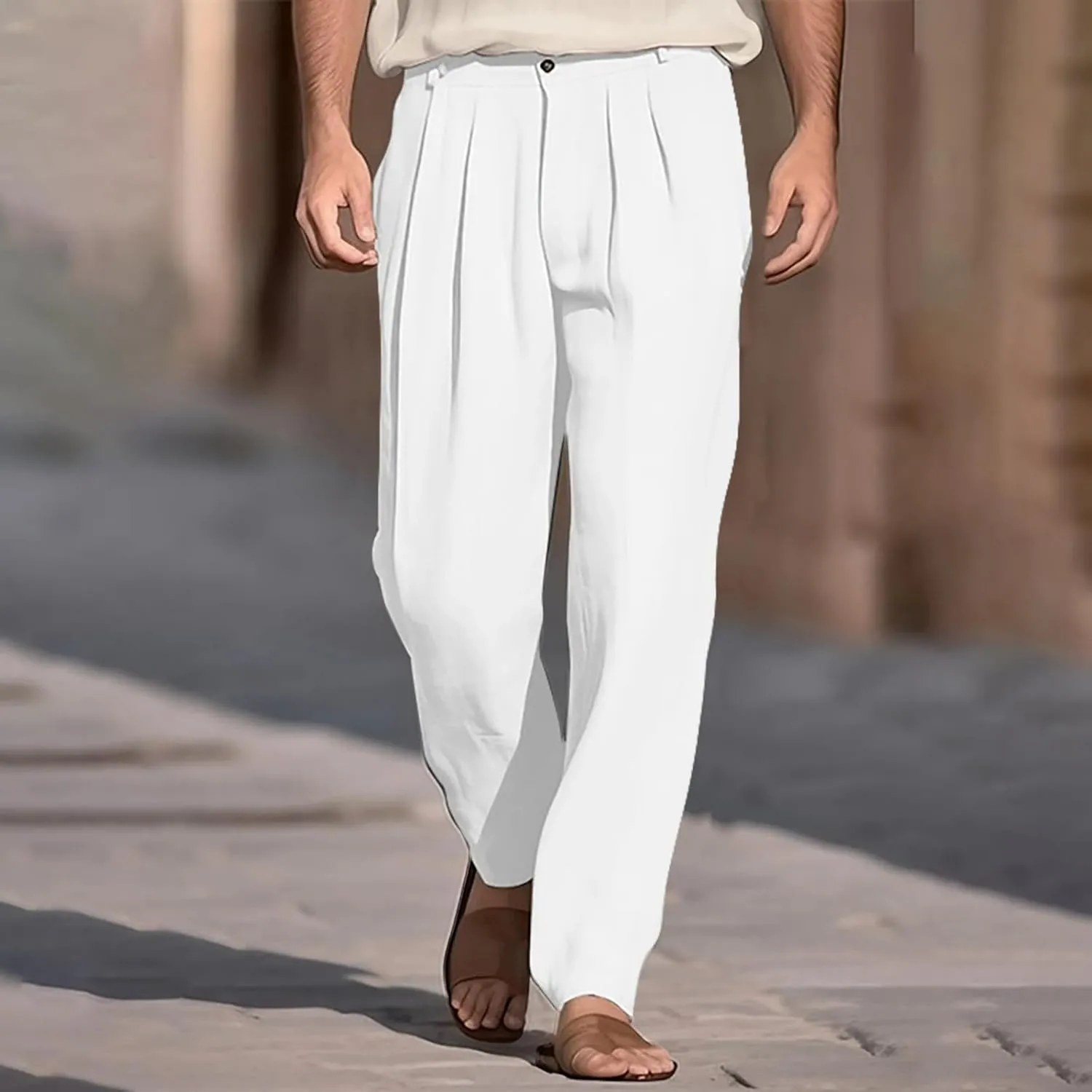 Mens Cotton Linen Dress Pants Zipper Loose Fit Straight Wide Leg Trouser Summer Lightweight Breathable Beach Pants
