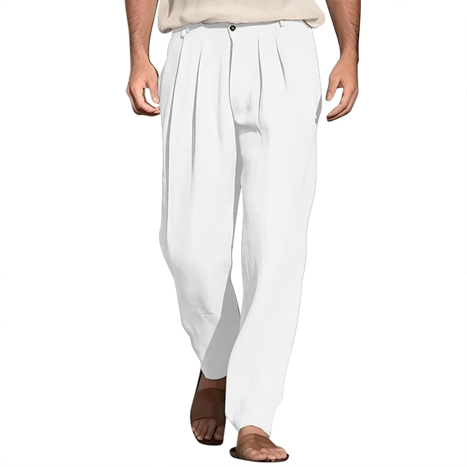 Mens Cotton Linen Dress Pants Zipper Loose Fit Straight Wide Leg Trouser Summer Lightweight Breathable Beach Pants