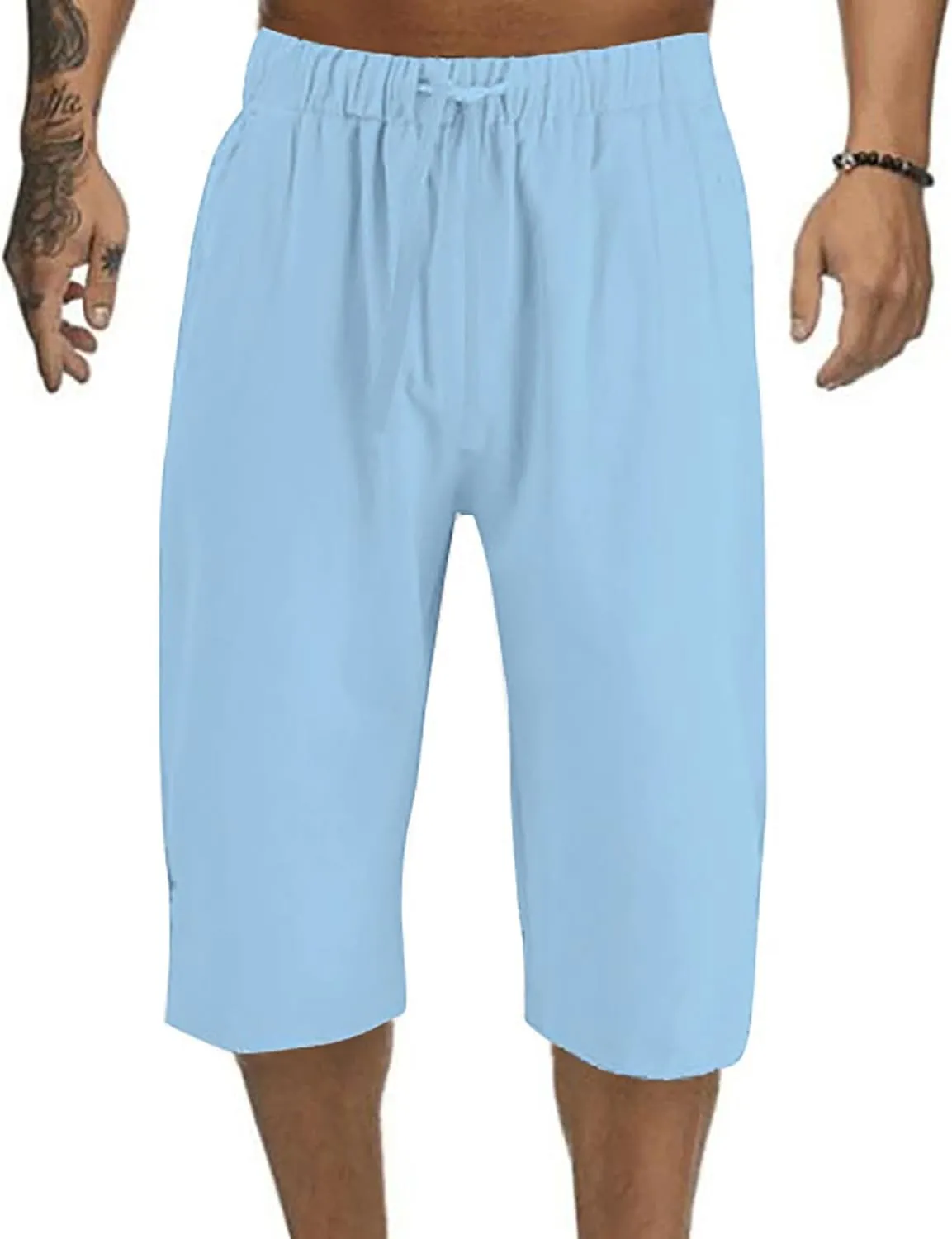 Mens Cotton Linen Pants, Elastic Drawstring Waist Lightweight Casual Beach Capri Short Pant Cropped Trousers with Pocket