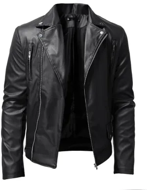 Men's Faux Leather Jackets Motorcycle Racer Jackets Zip-Up Moto Biker Coat Bomber Jackets Lapel Slim Fit Leather Jacket