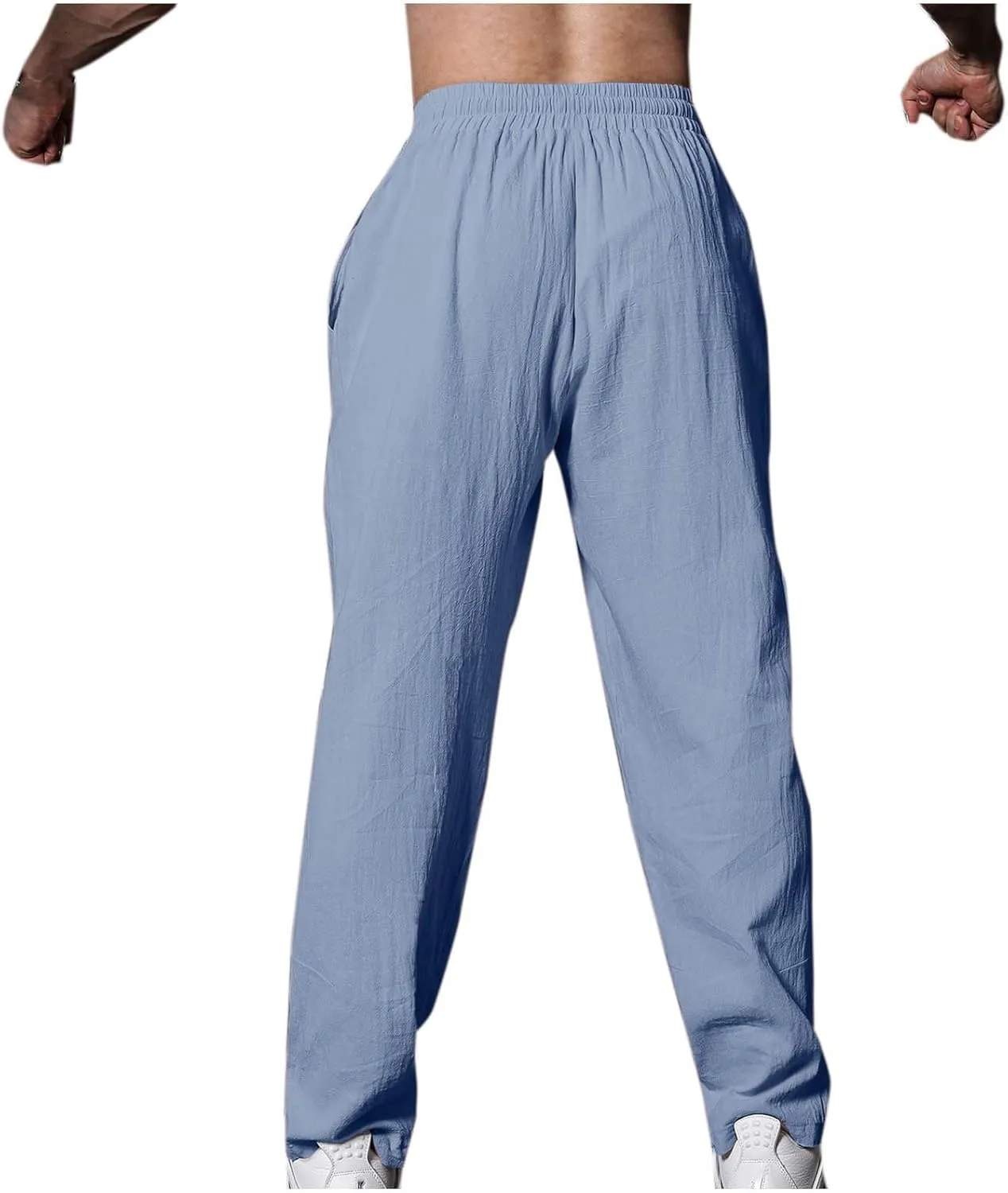 Mens Linen Pants Casual Pants Drawstring Beach Trousers Relaxed-Fit Yoga Pants Summer Elastic Waist Pants