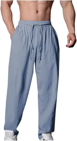 Mens Linen Pants Casual Pants Drawstring Beach Trousers Relaxed-Fit Yoga Pants Summer Elastic Waist Pants