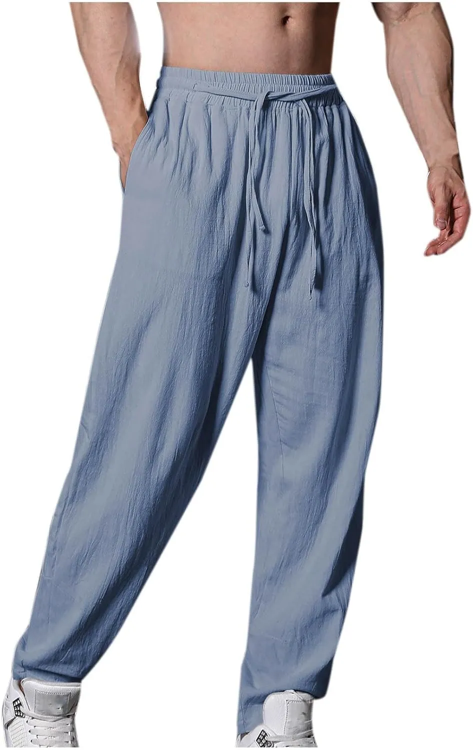 Mens Linen Pants Casual Pants Drawstring Beach Trousers Relaxed-Fit Yoga Pants Summer Elastic Waist Pants