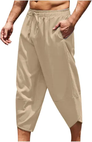 Mens Linen Pants Casual Pants Relaxed-Fit Beach Trousers Summer Yoga Pants Drawstring Elastic Waist Pants