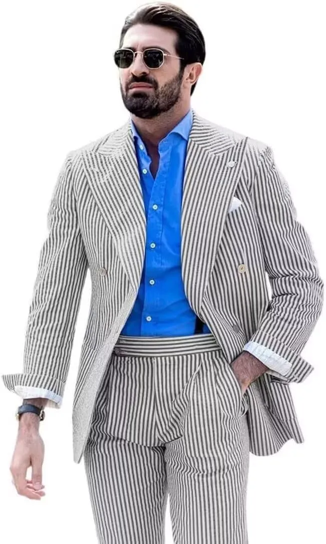 Men's Striped Seersucker Suits 2 Piece Slim Fit Wedding Tuxedo Summer Beach Leisure Suits Sets