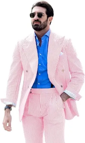 Men's Striped Seersucker Suits 2 Piece Slim Fit Wedding Tuxedo Summer Beach Leisure Suits Sets