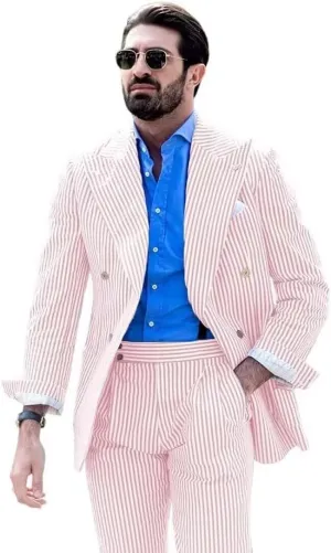 Men's Striped Seersucker Suits 2 Piece Slim Fit Wedding Tuxedo Summer Beach Leisure Suits Sets
