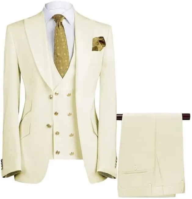 Men's Suits Slim Fit 3 Piece Suits for Men Double Breasted Suit Gold Button Blazer Wedding Suits Jacket Vest & Pants Set