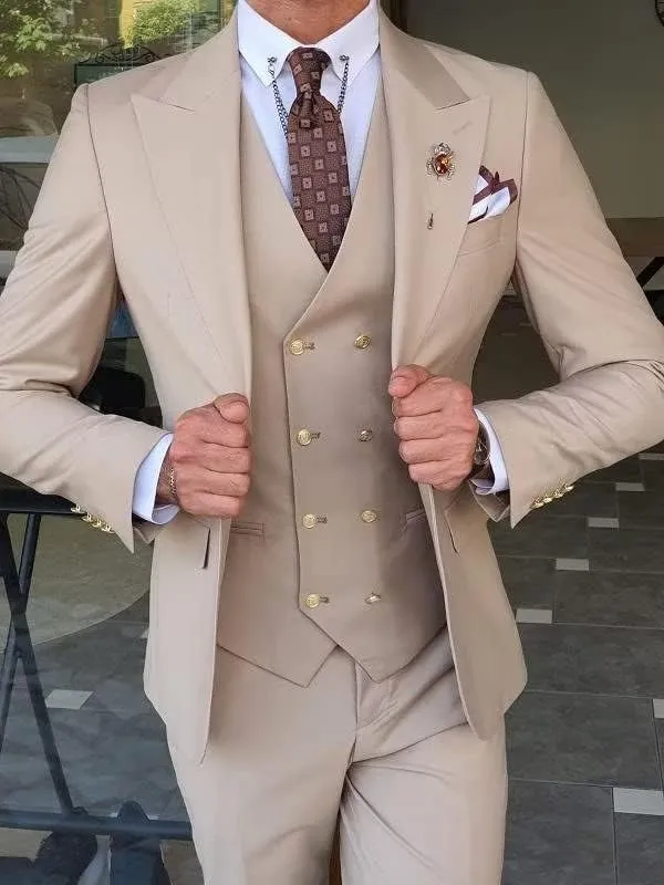 Men's Suits Slim Fit 3 Piece Suits for Men Double Breasted Suit Gold Button Blazer Wedding Suits Jacket Vest & Pants Set