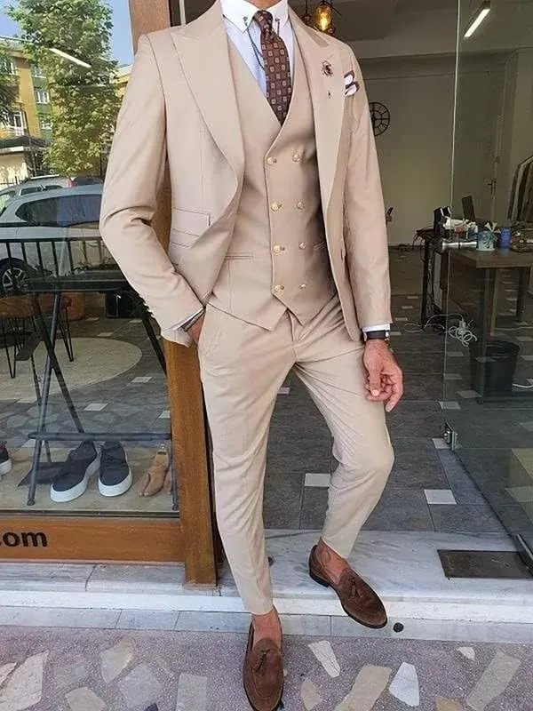 Men's Suits Slim Fit 3 Piece Suits for Men Double Breasted Suit Gold Button Blazer Wedding Suits Jacket Vest & Pants Set
