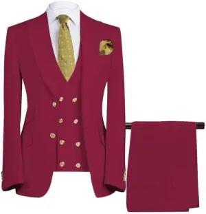 Men's Suits Slim Fit 3 Piece Suits for Men Double Breasted Suit Gold Button Blazer Wedding Suits Jacket Vest & Pants Set