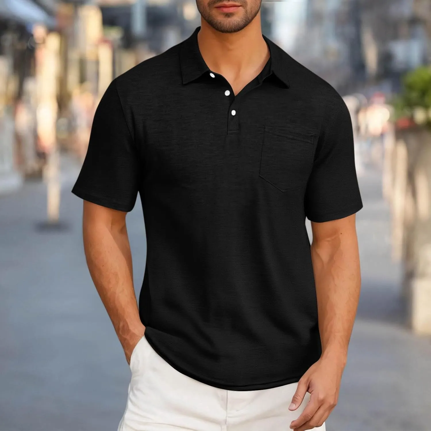 Mens Summer Shirts Casual Short Sleeve Performance Golf T-Shirt Basic 3 Button Up Collared Tee Tops with Pocket