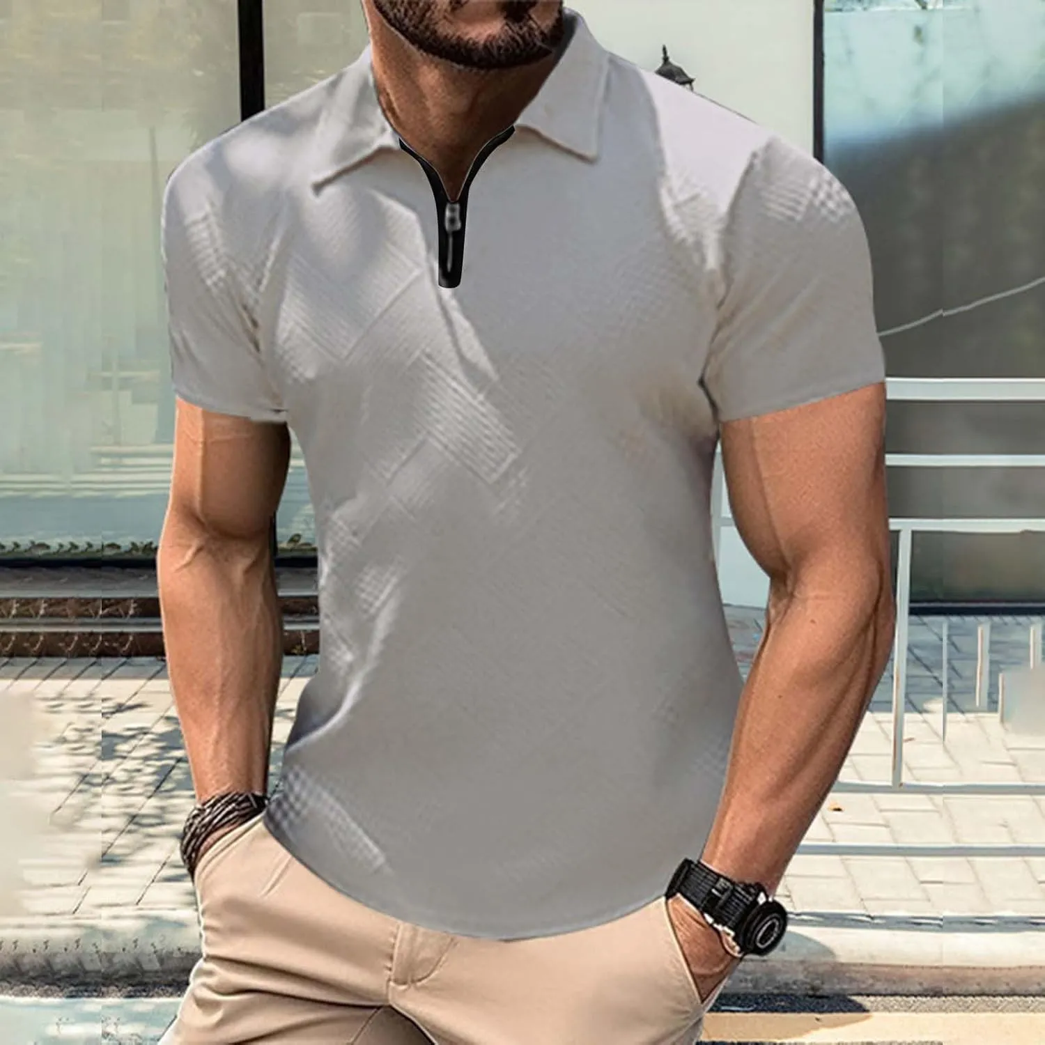 Men's Textured Polo Shirt Short Sleeve Zip Up Collar Business Casual Loungewear Solid Color Quick Dry Travel Office Blouse