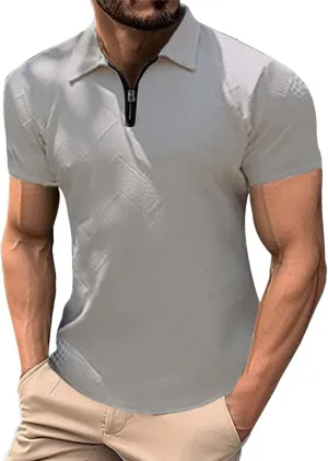 Men's Textured Polo Shirt Short Sleeve Zip Up Collar Business Casual Loungewear Solid Color Quick Dry Travel Office Blouse