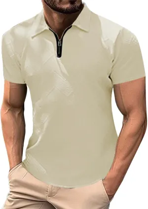 Men's Textured Polo Shirt Short Sleeve Zip Up Collar Business Casual Loungewear Solid Color Quick Dry Travel Office Blouse