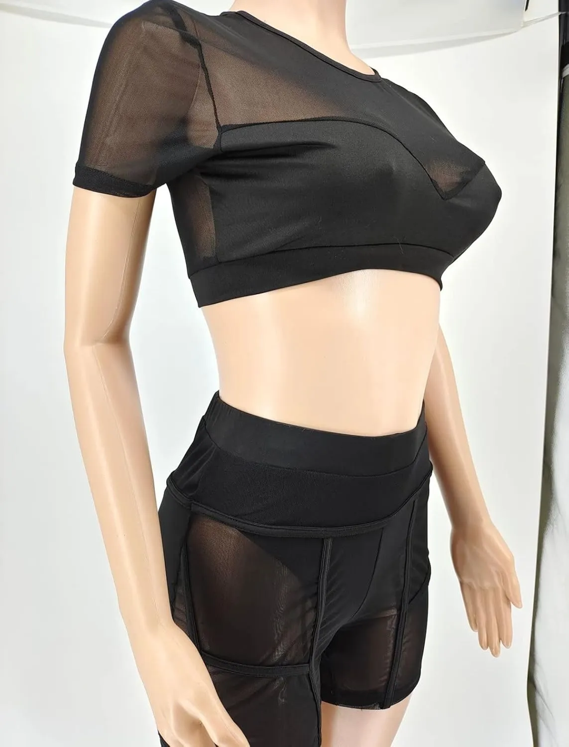 Mintsnow Women's See Through 2 Piece Short Outfit Sheer Mesh Short Sleeve Top and Bodycon Club Party Shorts Sets