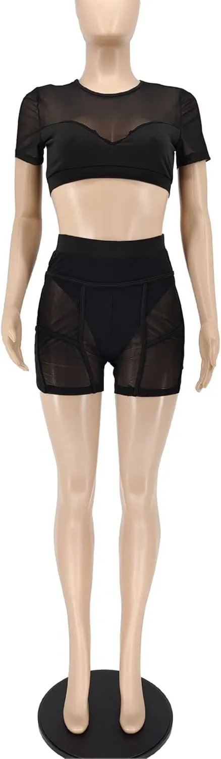 Mintsnow Women's See Through 2 Piece Short Outfit Sheer Mesh Short Sleeve Top and Bodycon Club Party Shorts Sets