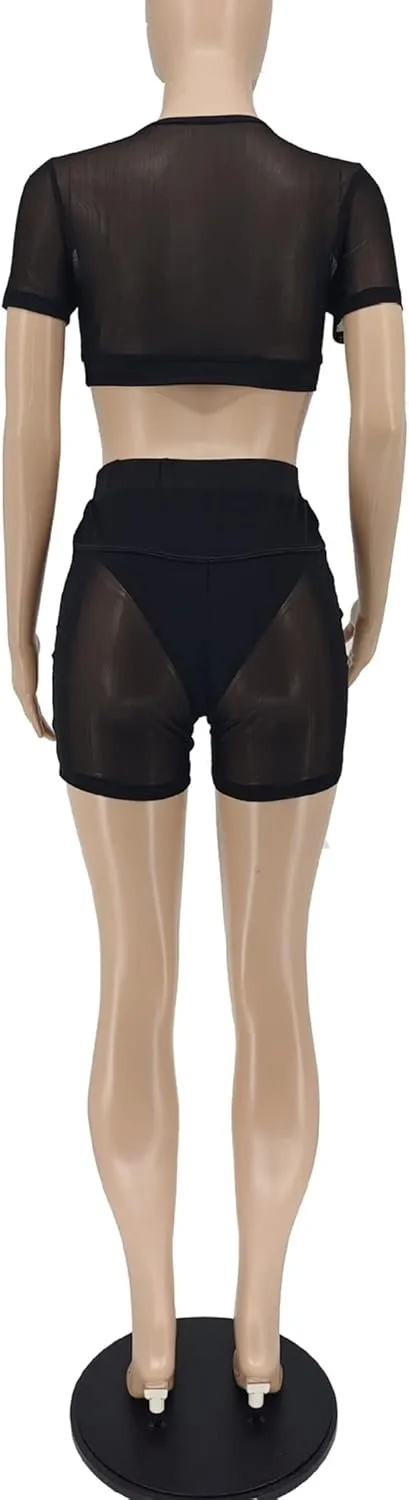 Mintsnow Women's See Through 2 Piece Short Outfit Sheer Mesh Short Sleeve Top and Bodycon Club Party Shorts Sets
