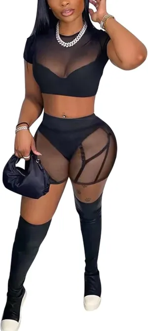 Mintsnow Women's See Through 2 Piece Short Outfit Sheer Mesh Short Sleeve Top and Bodycon Club Party Shorts Sets