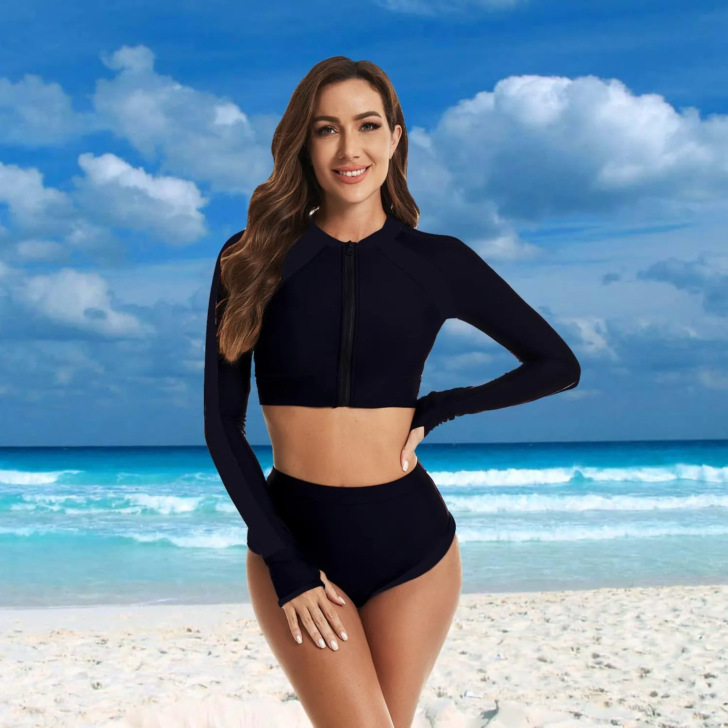 NESY Womems Swimsuits Long Sleeve Two Piece Rash Guard UV Protection Crop Top Bathing Suits