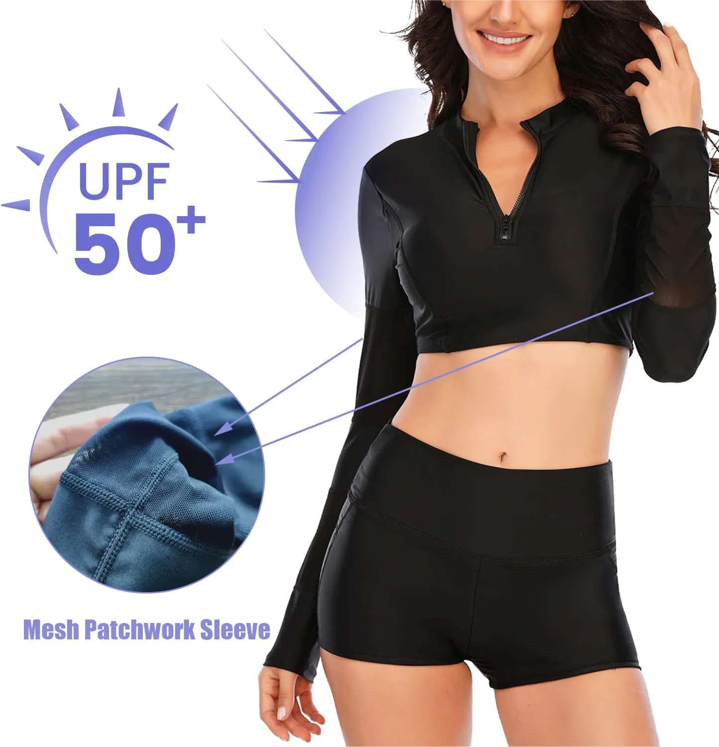 NESY Womems Swimsuits Long Sleeve Two Piece Rash Guard UV Protection Crop Top Bathing Suits