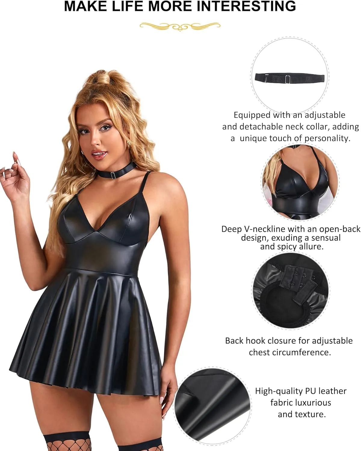 ohyeah Faux Leather Lingerie Set for Women Plus Size PU Lingerie V Neck Backless Babydoll Chemise Mini Lingerie Dress