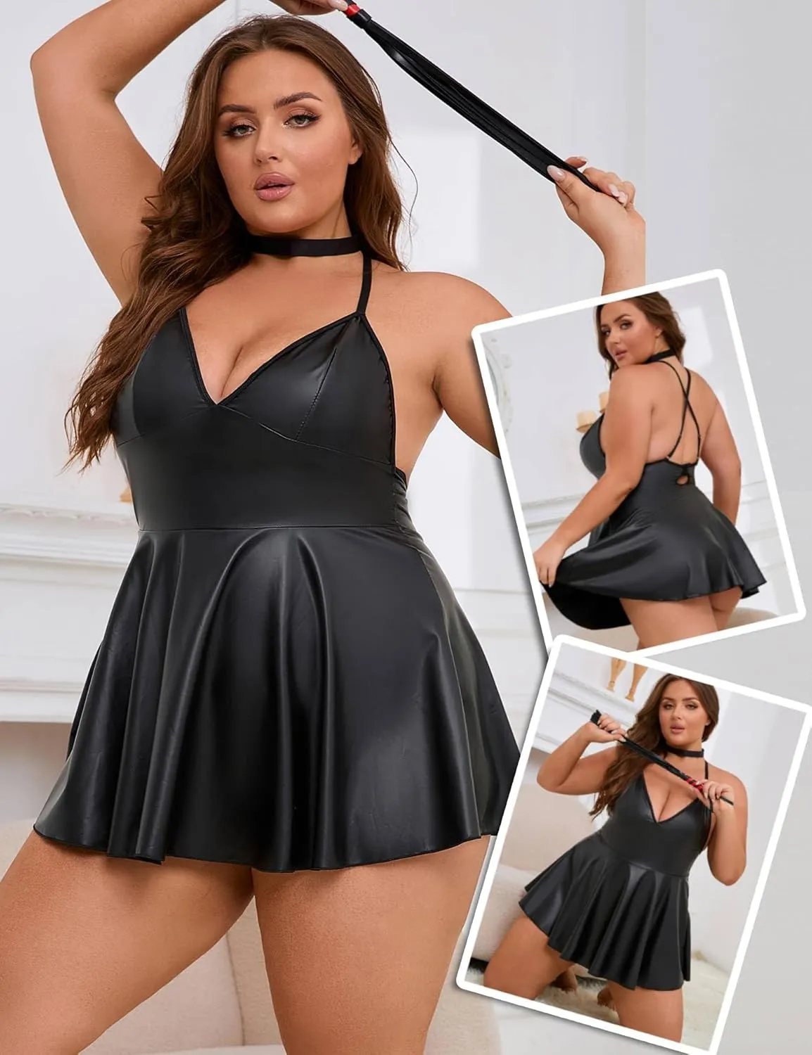 ohyeah Faux Leather Lingerie Set for Women Plus Size PU Lingerie V Neck Backless Babydoll Chemise Mini Lingerie Dress