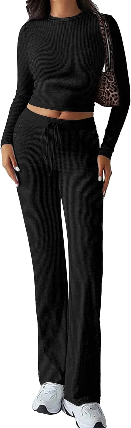 OLCHEE Womens Lounge Set 2 Piece Outfit Long Sleeve Ruched T-Shirt Top Wide Leg Pants Matching Loungewear Fall Tracksuit