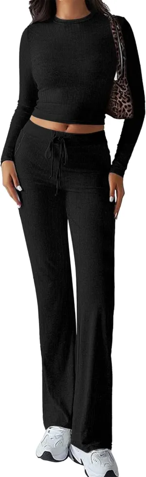 OLCHEE Womens Lounge Set 2 Piece Outfit Long Sleeve Ruched T-Shirt Top Wide Leg Pants Matching Loungewear Fall Tracksuit