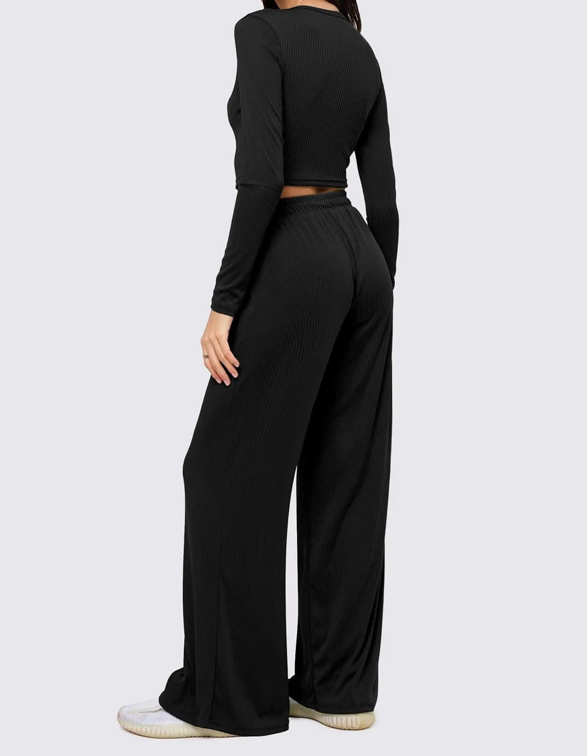 OLCHEE Womens Lounge Set 2 Piece Outfit Long Sleeve Ruched T-Shirt Top Wide Leg Pants Matching Loungewear Fall Tracksuit