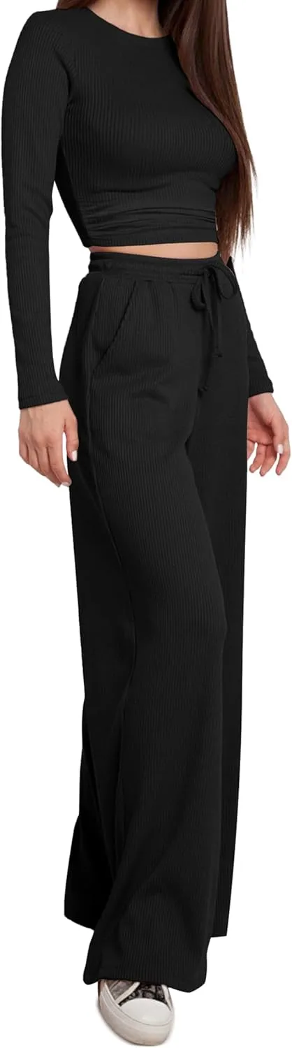 OLCHEE Womens Lounge Set 2 Piece Outfit Long Sleeve Ruched T-Shirt Top Wide Leg Pants Matching Loungewear Fall Tracksuit
