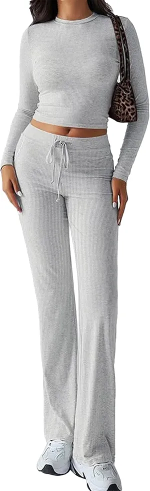 OLCHEE Womens Lounge Set 2 Piece Outfit Long Sleeve Ruched T-Shirt Top Wide Leg Pants Matching Loungewear Fall Tracksuit