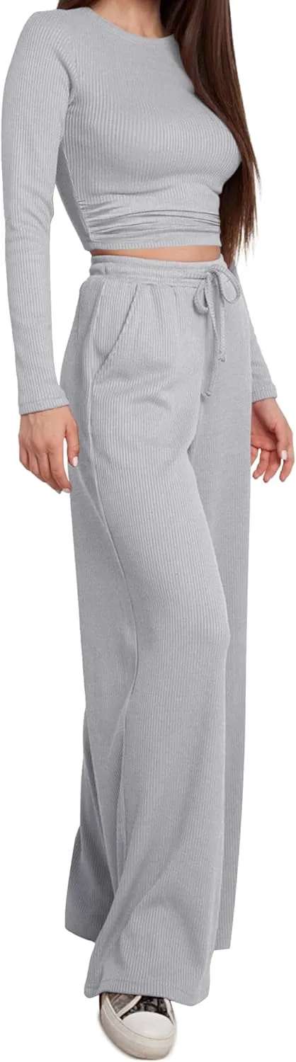 OLCHEE Womens Lounge Set 2 Piece Outfit Long Sleeve Ruched T-Shirt Top Wide Leg Pants Matching Loungewear Fall Tracksuit