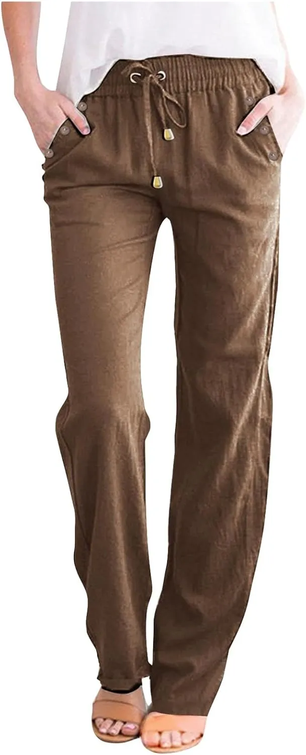 Plus Size Womens Pants Linen Drawstring Casual Summer Pants Woman Relax Fit Comfortable Beach Trousers with Pockets
