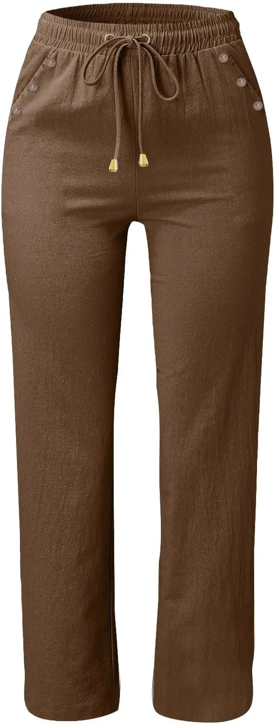 Plus Size Womens Pants Linen Drawstring Casual Summer Pants Woman Relax Fit Comfortable Beach Trousers with Pockets